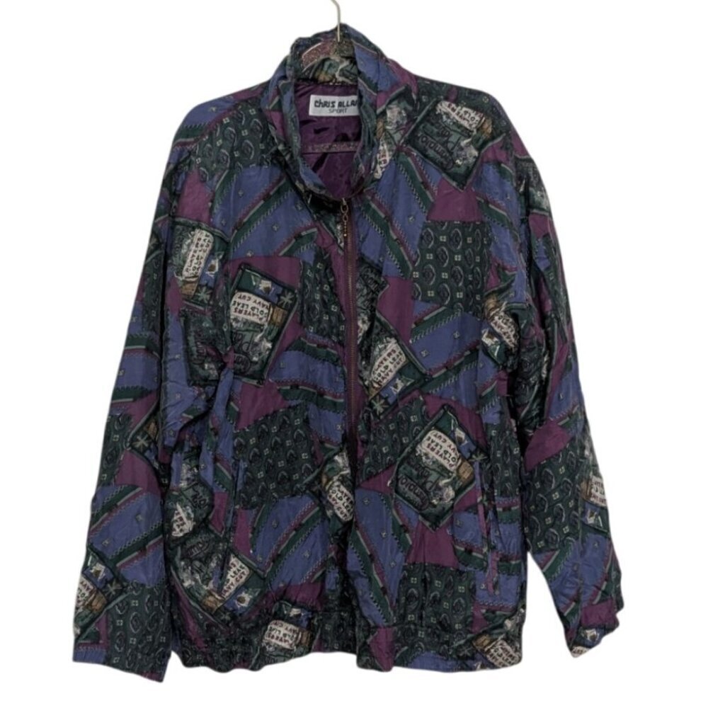 Vintage Silk Bomber Jacket Womens Size Large Blue All Over Print Patchwork